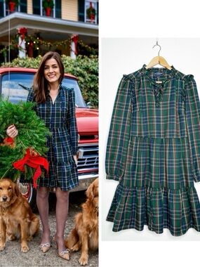 Kiel James Patrick Green Plaid Ruffle-Tie Tiered Casual Dress